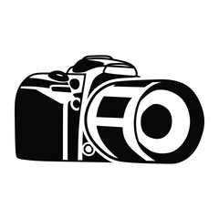 camera logo, big lens hood, black and white vector line art