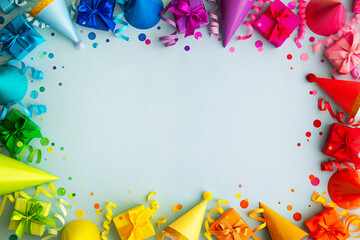 Fototapeta na wymiar Colorful rainbow birthday party border frame background