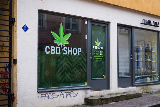 Tallinn, Estonia - 02.19.2023: Just Hemp CBD shop display window in Tallinn selling legal CBD oils and other hemp products.