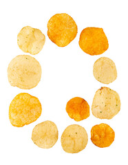 Letter Q made of potato chips and isolated on png transparent background. Food alphabet concept. One letter of the set of potato chip font easy to stacking.