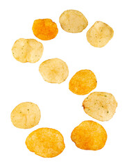 Letter S made of potato chips and isolated on png transparent background. Food alphabet concept. One letter of the set of potato chip font easy to stacking.