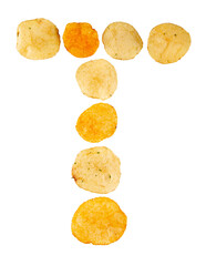 Letter T made of potato chips and isolated on png transparent background. Food alphabet concept. One letter of the set of potato chip font easy to stacking.