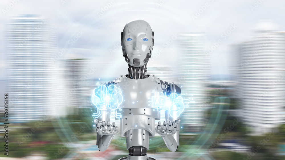 Aufkleber humanoid robot holding the future intelligent brain image interface on the digital screen. robot cyb