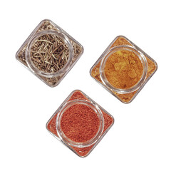 Dehydrated rosemary, paprika and saffron in a pot. Isolated. PGN file.