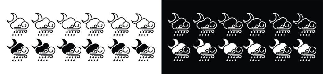 Thunderstorm weather icon set at night. Rainstorm during the evening icons collection. Cloud, moon, rain, and wind in line and flat style icon symbol for apps and websites, vectyor illustration