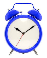 Alarm clock, vintage style blue color clock with black hands Png isolated on transparent background