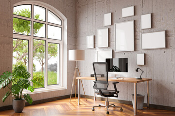 comfortable workplace with pc on wooden desk in office at home; bright sunlight from side large window and wall; canvas copy space;  remote work freelance; 3D Illustration