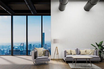 large urban skyline loft office with white wall and cozy vintage couch; copy spacepanoramic window skyline view, 3D Illustration