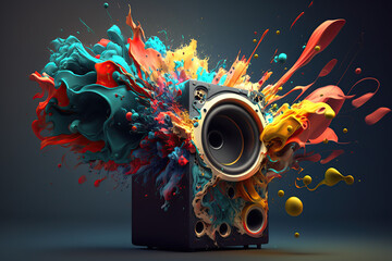 Vibrant Exploding Loudspeaker, Colorful 3d render, speaker explosion concept, created with Generative AI