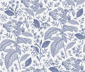 Seamless pattern. Heliotrope garden wildflowers. Beautiful blooming realistic isolated flowers. Vintage background fabric Wallpaper baroque Drawing engraving sketch Vector victorian illustration retro