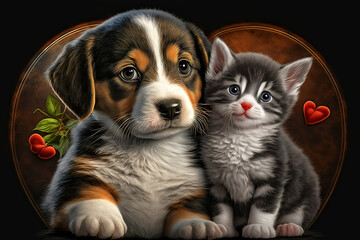 Cute Puppy and Kitten showing their love - Ai Generative