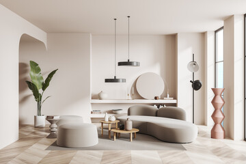 White living room interior with sofa and mirror - obrazy, fototapety, plakaty