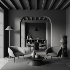 Grey living room interior with armchairs and dining room