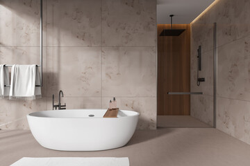 Fototapeta na wymiar Dark marble bathroom with tub and shower