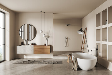 Light bathroom interior with bathtub, washbasin and douche, panoramic window
