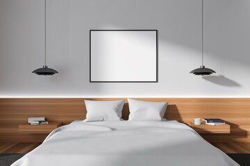 Stylish bedroom interior with bed and minimalist decoration. Mockup frame