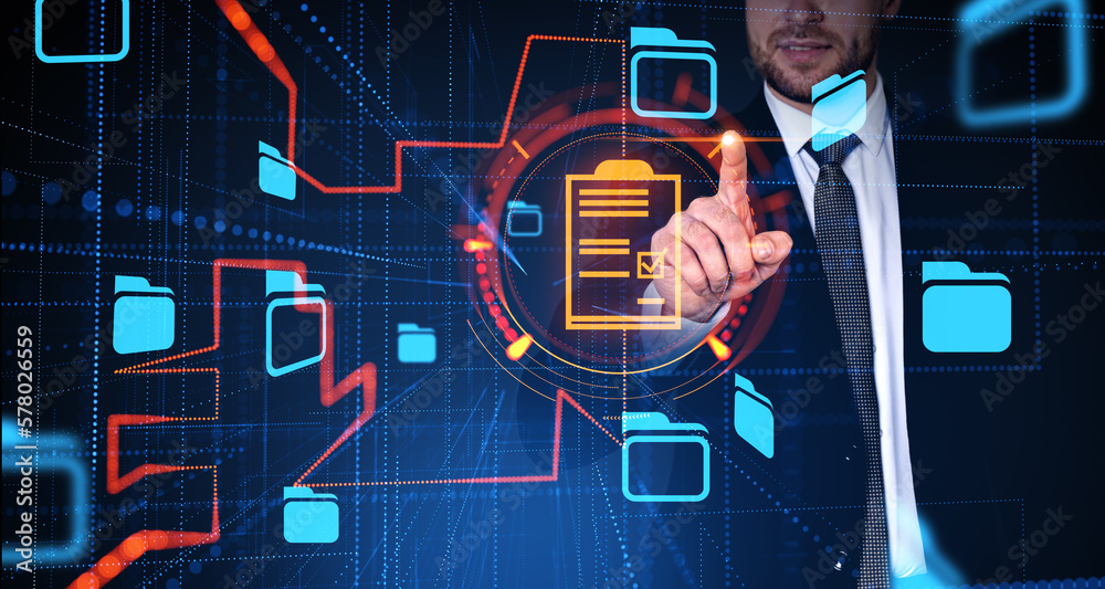 Poster man using document management system interface