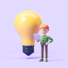 Cartoon man with laptop and lightbulb