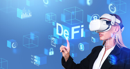Woman in VR glasses using decentralized finance interface