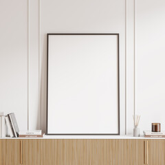 Fototapeta Light living room interior dresser with art decoration, mockup frame obraz