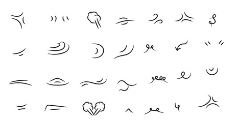 Vector set of hand-drawn cute cartoony expression sign doodle line stroke. movement drawing, curve directional arrows, emoticon effects design elements, cartoon character emotion symbols,
