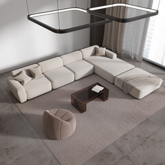 Top view living room interior with couch and armchair, panoramic window
