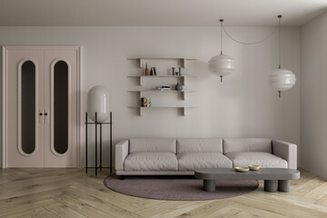 Stylish white living room with sofa and door