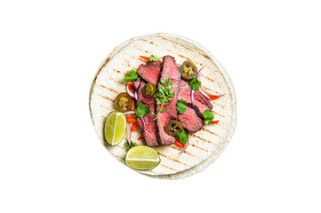 Tacos of mexican beef fajitas alambre with onion, jalapeno and bell pepper.  Isolated, transparent background