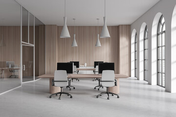 White and wooden open space office interior