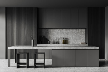 Gray and wooden kitchen interior with bar