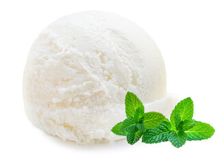 Scoop of vanilla ice cream ball isolated on white background with green mint leaf.