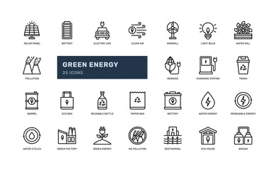 green energy renewable energy for clean global earth day ecology environment detailed outline line icon set