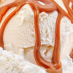 Vanilla ice cream balls with caramel toffee sauce as a textured  background. Pattern
