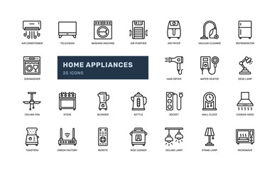 home appliances electronic household furniture for home living detailed outline line icon set