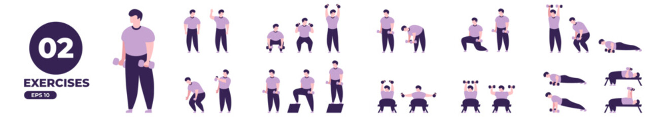 Obraz premium Sport exercises with dumbbells set. Workout and gym. Body health, healthy lifestyle. Man doing fitness activities. Flat style. Modern minimalistic design. Vector illustration eps10.