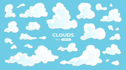 Clouds set isolated on a blue background. Signs and icons collection. Realistic elements. White color. Simple cartoon design. Flat style vector illustration.