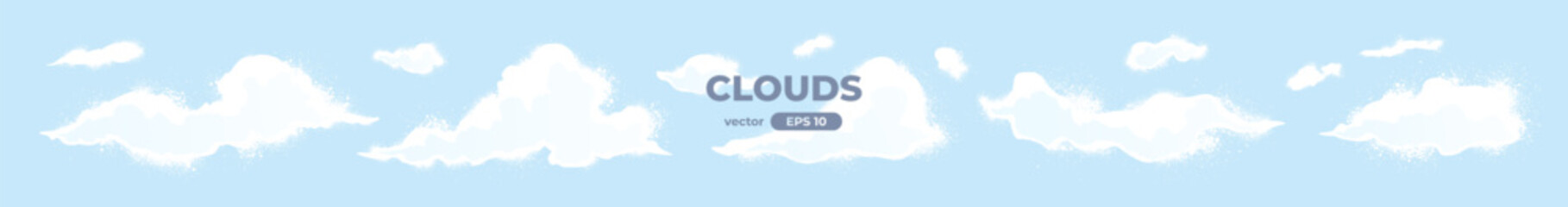 Clouds set isolated on a blue background. Signs and icons collection. Realistic elements. White color. Simple cartoon design. Flat style vector illustration.