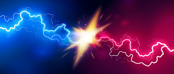 Versus banner. Lightning strikes. Confrontation template, vs battle or fight concept. Red and blue colors. Flash light thunderbolt spark. Realistic transparent neon light. Vector illustration eps10.