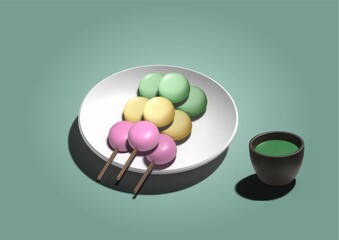 source of cup of green tea Mutcha and pastel pink, yellow, green Dango with a green background 3D illustrator