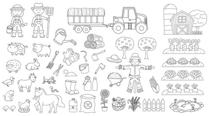 set of Hand drawn color children Vector illustration of Farming supplies and equipment with Farmers, barn, animals, and tractor. Farm concept with plants, fruits, vegetables and other organic products