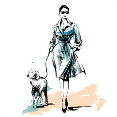 Vector fashion sketch Walking with dog 