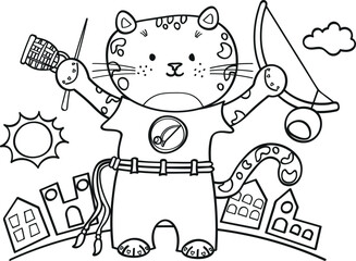 Coloring book pages for capoeira kids. Panther, big cat holding a berimbau. Capoeira illustration for children.