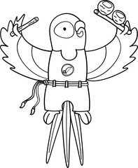 Coloring book pages for capoeira kids. Parrot, jungle bird holding an agogo. Capoeira illustration for children.