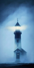 A Mystical Lighthouse in a Colorful and Dense Fog created using Generative AI