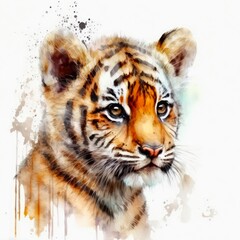 Watercolor illustration of a pretty tiger on white background. Colorful portrait of a cute little stripped wildcat. Generative AI art.