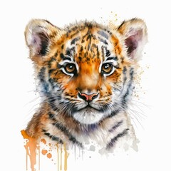 Watercolor illustration of a pretty tiger on white background. Colorful portrait of a cute little stripped wildcat. Generative AI art.