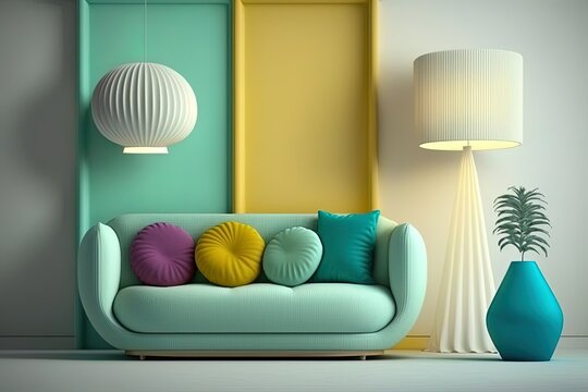 White Walls In A Living Room With A Brightly Colored Couch And Light. Generative AI