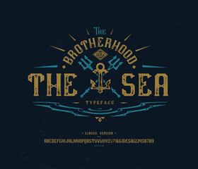Vector retro font The Sea. Letters and numbers
