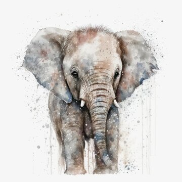 Watercolor drawing of a cute elephant. Abstract illustration of a little elephant in aquarelle style with paint splashes. Generative AI art.