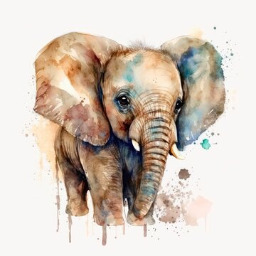 Watercolor drawing of a cute elephant. Abstract illustration of a little elephant in aquarelle style with paint splashes. Generative AI art.